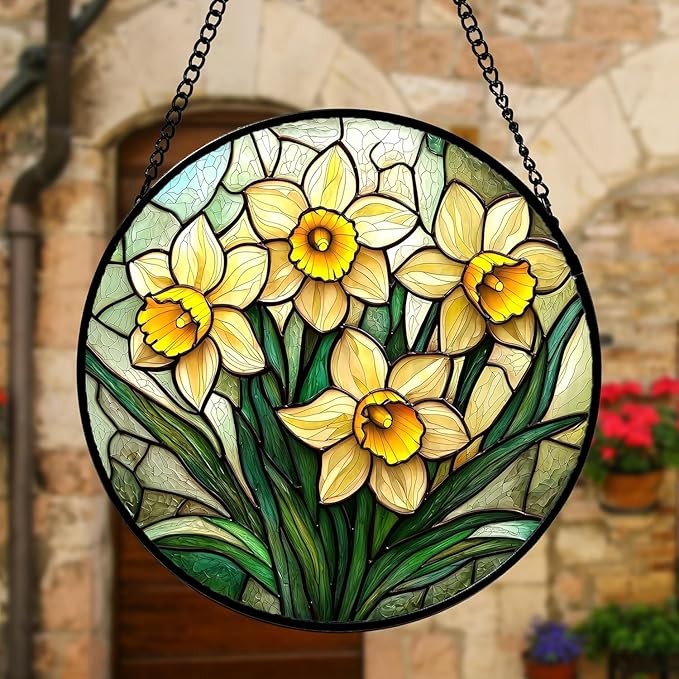 Yellows Daffodils Green Plants Suncatcher 7.8" - HD UV Print Stained Glass Window Hanging Sun Catcher Door Garden Home Decor Birthday Mother's Day for Mom Men Woman Nana