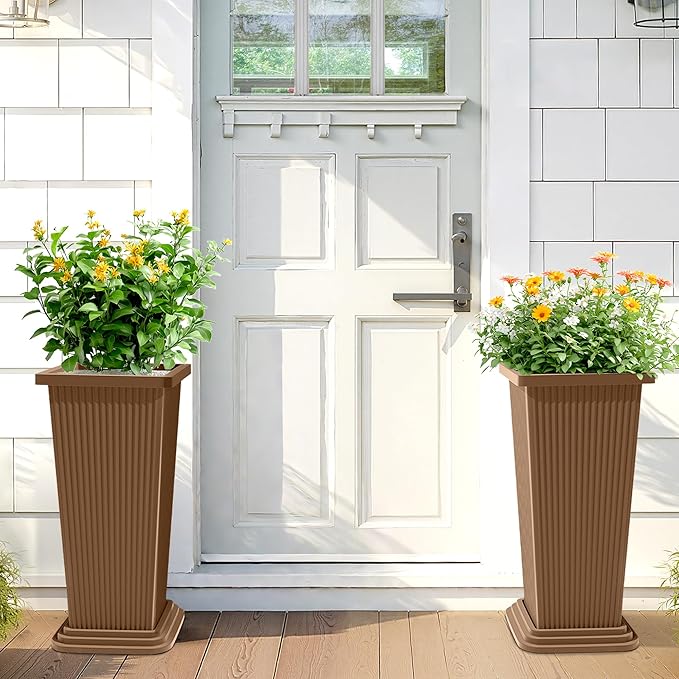24 Inch Tall Tapered Square Planters (Set of 2) - Indoor Outdoor Large Flower Pots with Built-in Drainage & Matching Water Tray for Patio, Garden, Home - Brown
