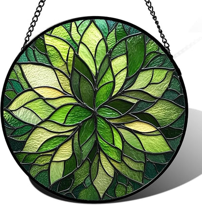 Stained Glass Window Hanging - Green Gradient Flowers Suncatcher for Doors Window Home Plant Sun Catchers Decor Christmas Mother's Day Birthday Gifts for Teacher Women Men Mom Nana 15 in