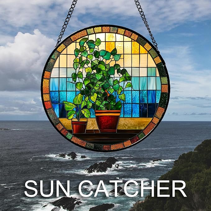 Stained Glass Window Hanging Green Potted Plants Large 15" - Suncatcher Door Garden Sun Catcher Retro Home Decor Birthday Christmas for Mom Men Woman Nana Friend