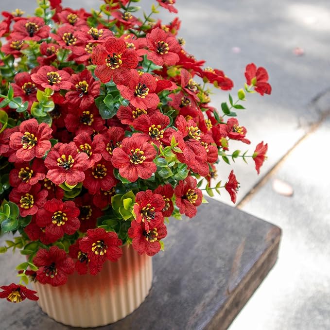 Artificial Flowers for Outdoors UV Resistant, 12 Bundles Realistic Silk Flower Faux Fake Plants for Porch Patio Yard Planters, Spring Summer Home Garden Decor, Red