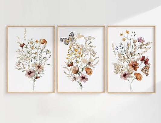 3Psc Watercolor Wildflower Framed Canvas Wall Art Vintage Botanical Flower Wall Decor Modern Minimalist Colorful Botanical Floral Poster Print Artwork for Girls Room Bedroom Office Decoration 12x16 Inch