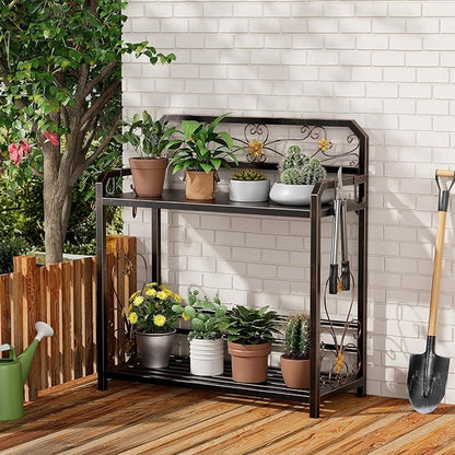 Potting Bench, Outdoor Potting Table with 4 Side Hooks, All-Weather Gardening Table Work Station, Outside Garden Workbench, 505lbs Capacity, 18" D x 39" W x 44" H, Distressed Vintage Black