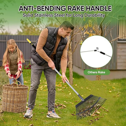 Rake Heavy Duty 6FT Long Garden Rakes , 18.5 Inch Wide Leaf Rake for Lawns, 25 Metal Tines, Adjustable Stainless Steel Handle for Leaves, Yards, Grass, Garbage, Weeds, Debris (Yellow)