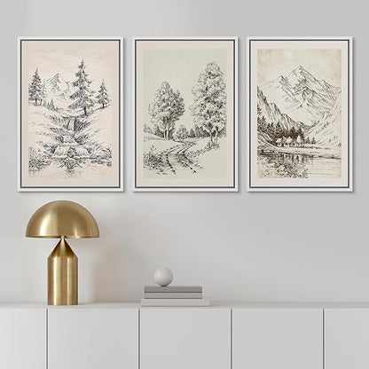 Ashbrook Framed Canvas Print Wall Art Set Vintage Country Forest Landscapes Nature Wilderness Illustrations Fine Art Floral Botanical Minimal Calm/Relax/Cozy for Bedroom - 16"x24"x3 WHITE