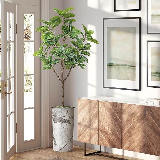 Artificial Tree in Gray Marble Effect Planter, Fake Magnolia Tree for Indoor and Outdoor Home Decoration - 70" Overall Tall (Plant Pot Plus Tree)