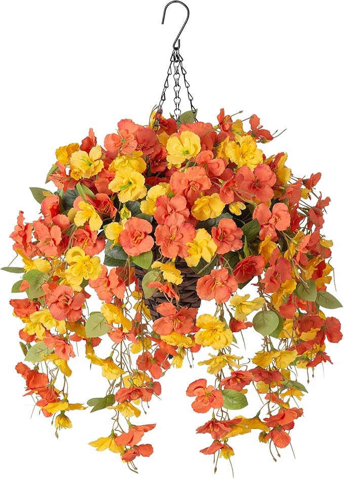 HyeFlora Artificial Fake Hanging Flowers Plants Baskets for Outdoor Decoration, 5Pcs Faux Silk Hibiscus Long Vines in Planter Look Real for Outside Home Porch Patio Garden (YellowOrange)