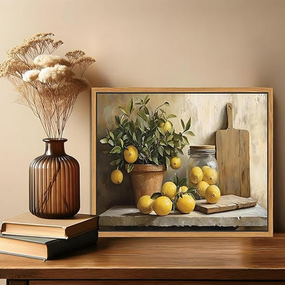 Floating Framed Vintage Kitchen Wall Art, Yellow Lemon Still Life Wall Decor Oil Paintings, Rustic Farmhouse Artwork Canvas Posters Prints Pictures for Living Room Bedroom Home Decor 16x24 Inch