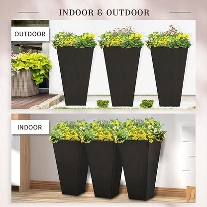 Outsunny Tall Planters for Outdoor Plants Set of 3, 28 in Taper Planters with Drainage Holes, Indoor Grande Plant Pots, Front Porch Decor (Black)