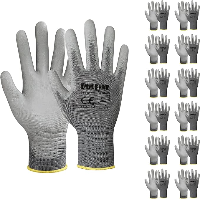 Safety Work Gloves PU Coated-12 Pairs,Grey Seamless Knit Glove with Polyurethane Coated Smooth Grip on Palm & Fingers, for Men and Women, Ideal for General Duty Work (Medium)