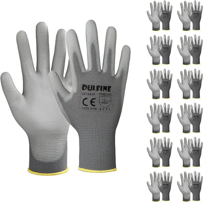 Safety Work Gloves PU Coated-12 Pairs,Grey Seamless Knit Glove with Polyurethane Coated Smooth Grip on Palm & Fingers, for Men and Women, Ideal for General Duty Work (Medium)