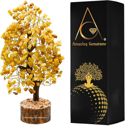 Yellow Jasper Natural Healing Premium Crystal Bonsai Feng Shui Fortune Money Tree of Life for Home Office Decor (Gift Box Ready,10-12 Inch)