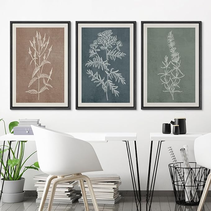 Ashbrook Framed Canvas Print Wall Art Set Duotone Forest Wildflower Farmhouse Decor Nature Wilderness Illustrations Modern Art Floral Botanical Calm/Relax/Cozy for Bedroom - 16"x24"x3 BLACK