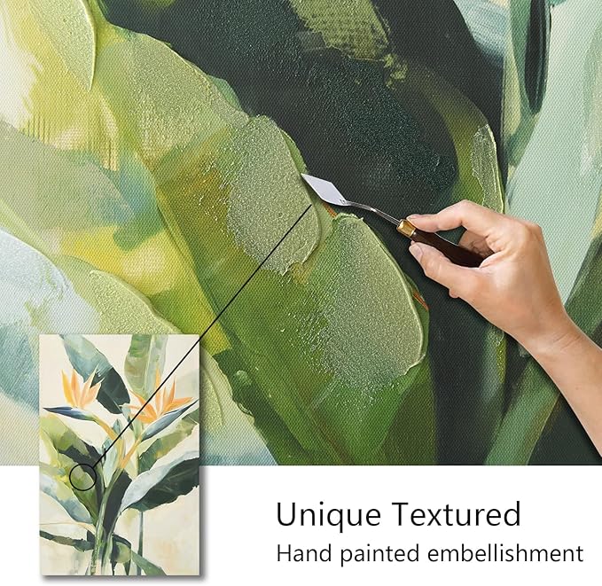 JolyWell Hand-paintd Botanical Canvas Wall Art Watercolor Green Leaf Tropical Plant Art Prints Boho Decor Bird of Paradise Flowers Leaf Wall Painting for Living Room Bedroom 24 x 36 IN
