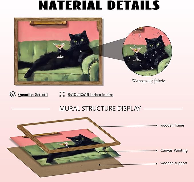 Framed Black Cat with Martini Wall Art Print, Whimsical Cute Cat Decor Paintings, Cocktail Art Bar Cart Decor, Funny Animal Canvas Pictures Aesthetic for Home Living Room Bedroom – 12x16 inch