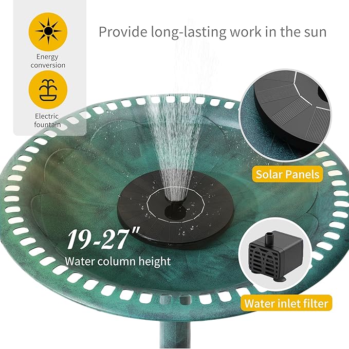 VECELO 28" Pedestal Outdoor Bird Bath with Solar Powered Fountain for Outside, Vintage Bronze Polyresin Lightweight Antique, Yard/Garden Decoration, Green