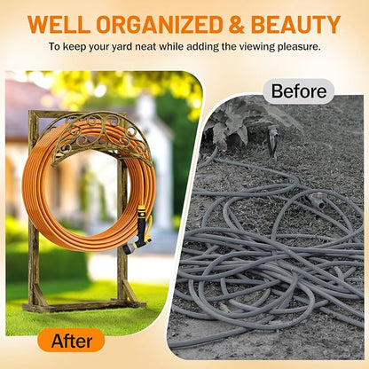 Garden Hose Holder - Upgraded Water Hose Holders for Outside with 5 Spikes & 2 Shepherds Hooks, Freestanding Hose Stand Hose Hanger Hose Storage Hose Reel Rack for Yard Lawn(Antique Golden)