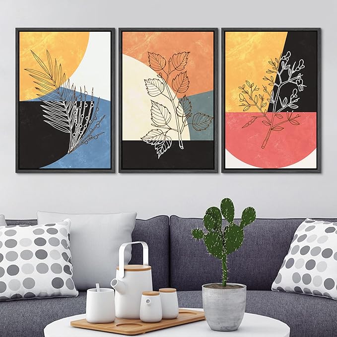 Ashbrook Framed Wall Art Print Set Geometric Mid-Century Color Block Plant Silhouettes Abstract Nature Illustrations Modern Art Boho Colorful for Living Room, Bedroom, Office - 24"x36"x3 Black