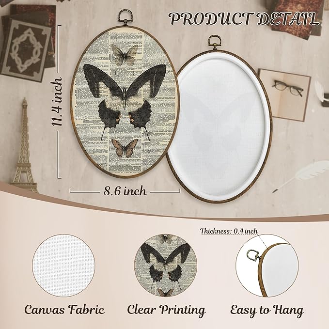 LKETW Vintage Butterfly Oval Wall Art Decor, Cottagecore Dictionary Butterfly Oval Canvas Hanging Decor, Retro Moth Insect Wall Decorations for Home Bedroom Living Room, 8.6x11.4 Inch