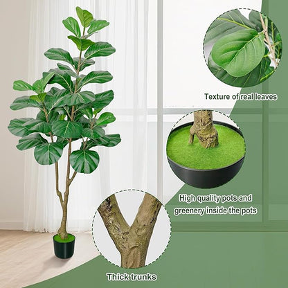 5ft Artificial Fiddle Leaf Fig Tree, Faux Ficus Lyrata Fake Tree with Black Planter Fake Fig Tree for Indoor Outdoor Home Office Decoration