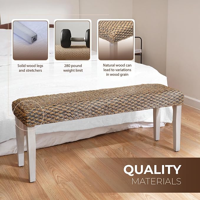 Solid Wood Acacia Bench with Natural Woven Seat, Boho Bench Entryway, Wood Bench for Living Room, Porch Lawn Garden Yard or Entryway (Plait Style - Grey Leg, Water Hyacinth)