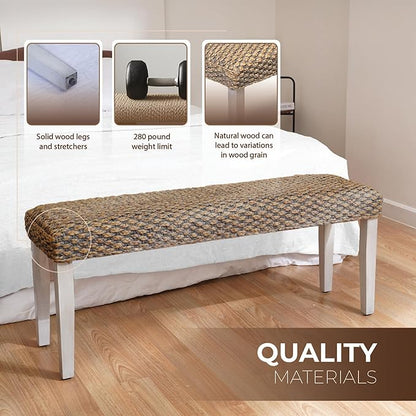 Solid Wood Acacia Bench with Natural Woven Seat, Boho Bench Entryway, Wood Bench for Living Room, Porch Lawn Garden Yard or Entryway (Plait Style - Grey Leg, Water Hyacinth)