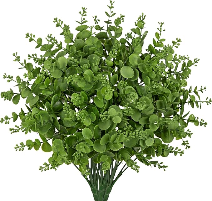 Artificial 5Pcs Faux Eucalyptus Leaves Stems Fake Plants Sharp UV Resistant Faux Plastic Boxwood for Wedding Kitchen Office Garden Porch Farmhouse Window Box Home Decor