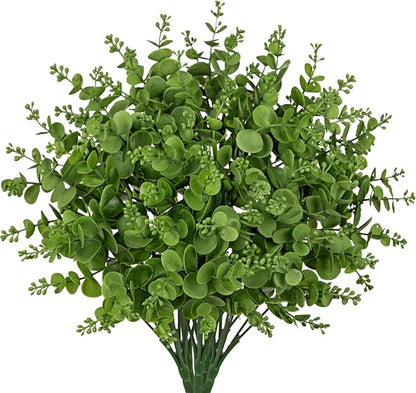 Artificial 5Pcs Faux Eucalyptus Leaves Stems Fake Plants Sharp UV Resistant Faux Plastic Boxwood for Wedding Kitchen Office Garden Porch Farmhouse Window Box Home Decor