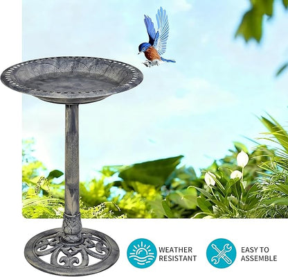 VECELO 28" Pedestal Outdoor Bird Bath for Outside, Vintage Bronze Polyresin Lightweight Antique, Yard/Garden Decoration, Gray