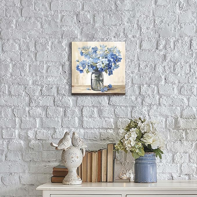 ArtSquare Blue Floral Canvas Wall Art - Tranquil Vase Flowers Painting Nature Scenery Artwork Blossom Prints for Bedroom Bathroom Decor 12x12 Inch
