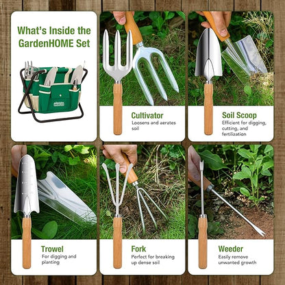 GardenHOME 7-Piece Gardening Tool Set – Stainless Steel Tools with Wooden Handles, Folding Stool & Canvas Tote, Durable Garden Kit for Women and Beginners