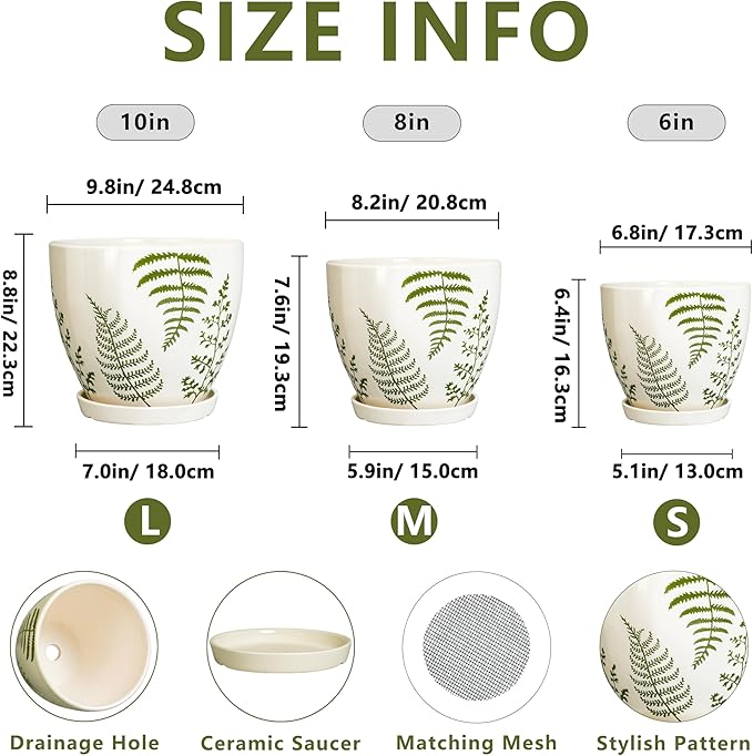 Ceramic Plant Pots Indoor - 10+8+6 Inch Ceramic Planters for Outdoor Flowers, Boho Round Decorative Flower Pots with Drainage Holes and Saucers, Plant Lover Gifts, Patio Decor, Set of 3, White