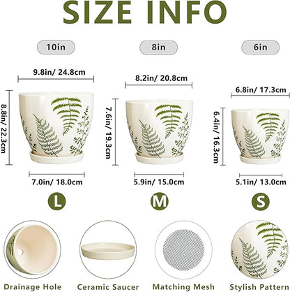 Ceramic Plant Pots Indoor - 10+8+6 Inch Ceramic Planters for Outdoor Flowers, Boho Round Decorative Flower Pots with Drainage Holes and Saucers, Plant Lover Gifts, Patio Decor, Set of 3, White
