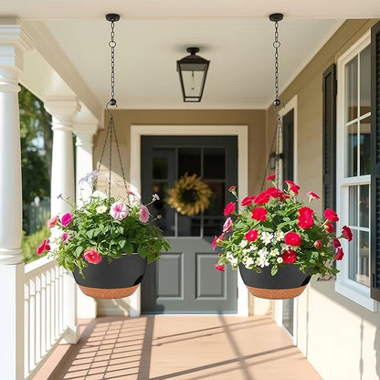 2 Pack 12 Inch Large Hanging Planters with Chains Self Watering Black Brown Plastic Hanging Pots for Indoor Outdoor Plants, Garden Porch Home Decor，Black Brown