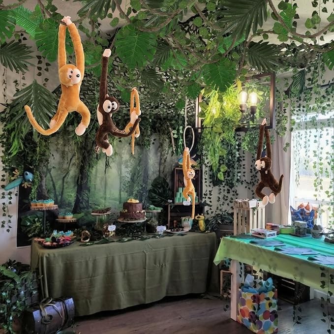 Bucherry Jungle Theme Party Decorations Forest Party Supplies Tropical Rainforest Leaves with Fake Vines Artificial Rattan Monkey Stuffed Animal for Indoor Outdoor Forest Jungle Themed Birthdays Decor