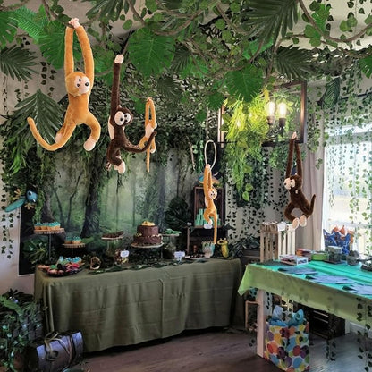 Bucherry Jungle Theme Party Decorations Forest Party Supplies Tropical Rainforest Leaves with Fake Vines Artificial Rattan Monkey Stuffed Animal for Indoor Outdoor Forest Jungle Themed Birthdays Decor