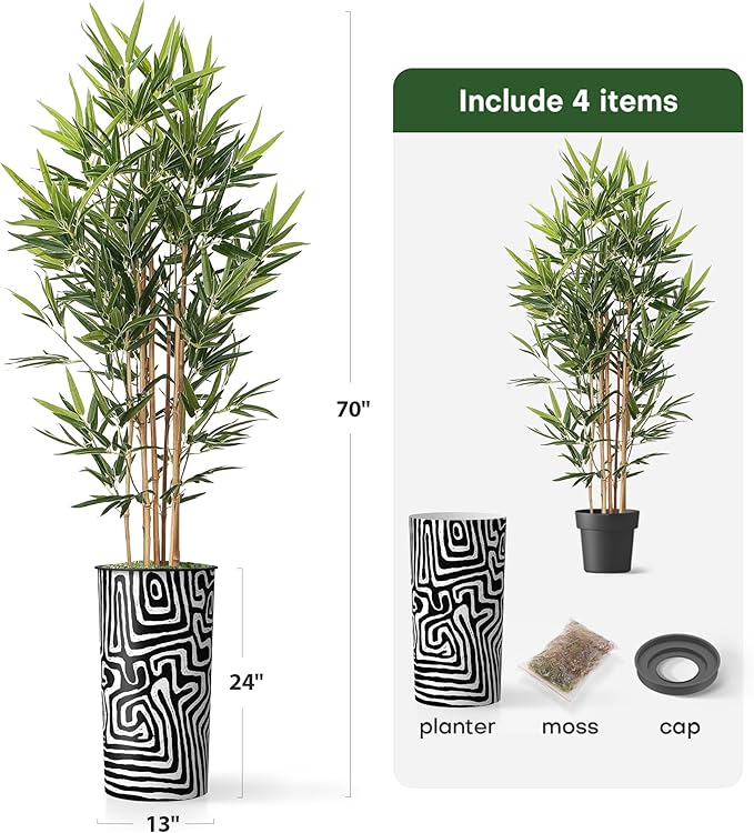 Artificial Tree in Modern Geometric Pattern Planter, Fake Bamboo Silk TRE for Indoor and Outdoor Home Decoration - 70" Overall Tall (Plant Pot Plus Tree)