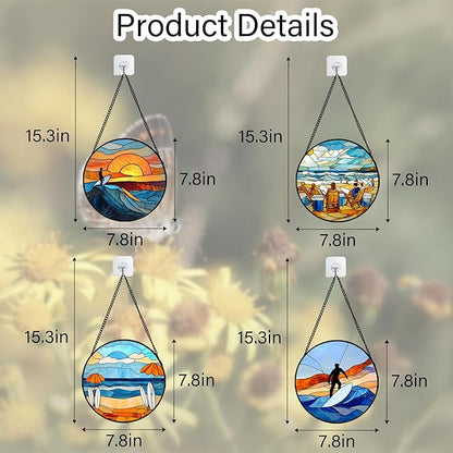 Stained Glass Window Hanging 4 Pcs Set Blue Ocean Surfing Beach 7.8" - Suncatcher Door Garden Sun Catcher Decor Birthday Mother's Day for Firefighte Men Woman Nana Mom