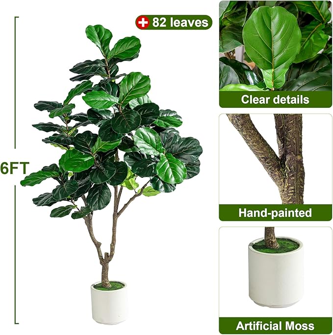 Tall Artificial Trees Large Faux Fiddle Leaf fig Tree with Pot Indoor Outdoor Realistic Floor Fake plantas for Home Living Room Office Porch Outside Patio arboles para decoracion Housewarming Gift