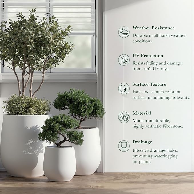 DTY Signature Mount Wilson Modern Indoor Outdoor Fiberstone Tapered Planter, Lightweight, Weather Resistant Garden Pot with Drainage Hole & Rubber Plug, Planter for Christmas Decor - White, Medium