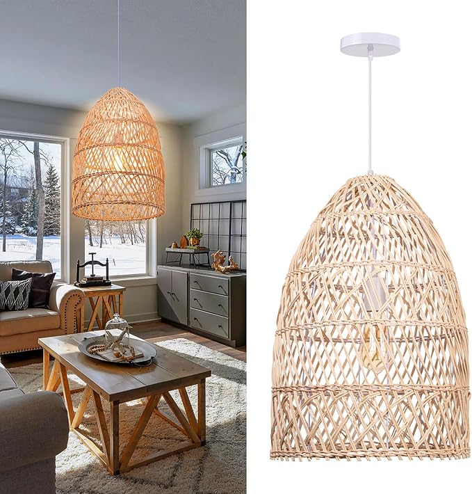 Arturesthome Natural Rattan Pendant Light, Woven Lantern Chandelier Pendant Lamp Shade, Hanging Ceiling Light, Handmade Lampshade for Kitchen Island Hallway Foyer