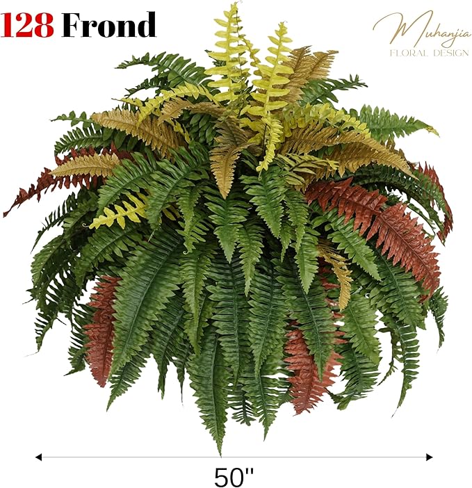 50” Silky Artificial Boston Fern, 128 Fronds Large Hanging Plants for Outside Planter,Bush Floor Plants Large for Home Decor Porch Patio Garden Indoor Outdoor (128Fronds1Pcs)