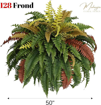 50” Silky Artificial Boston Fern, 128 Fronds Large Hanging Plants for Outside Planter,Bush Floor Plants Large for Home Decor Porch Patio Garden Indoor Outdoor (128Fronds1Pcs)