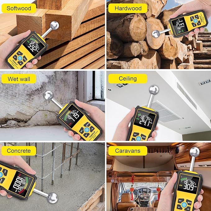 Moisture Meter, TEMIRUP Pinless Moisture Meter –Wood Moisture Detector for Walls, Drywall, Firewood & Concrete, Digital Moisture Tester with 3-Color LCD Display Reader, Audible Alarm & Hold Function