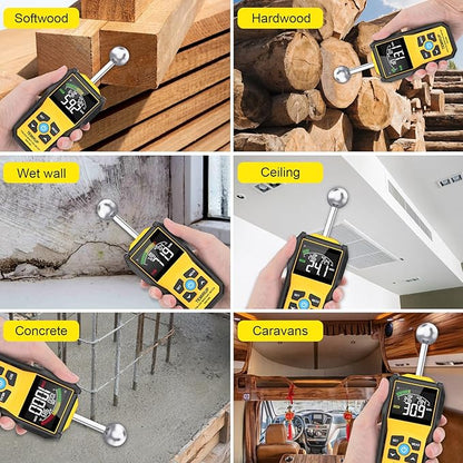 Moisture Meter, TEMIRUP Pinless Moisture Meter –Wood Moisture Detector for Walls, Drywall, Firewood & Concrete, Digital Moisture Tester with 3-Color LCD Display Reader, Audible Alarm & Hold Function