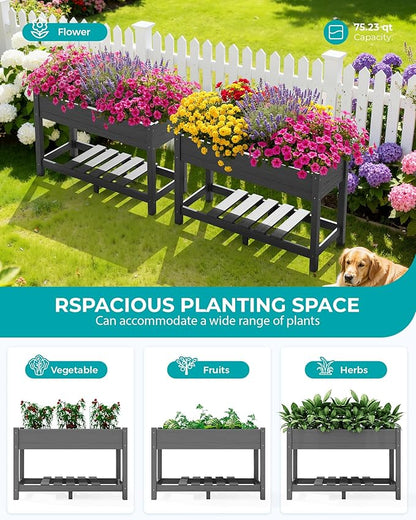 SERWALL Raised Garden Bed with Legs Set of 2, 43"×17"×30" Large HDPE Elevated Planter Box for Vegetables Flower Herb Patio, All Weather Use- Gray