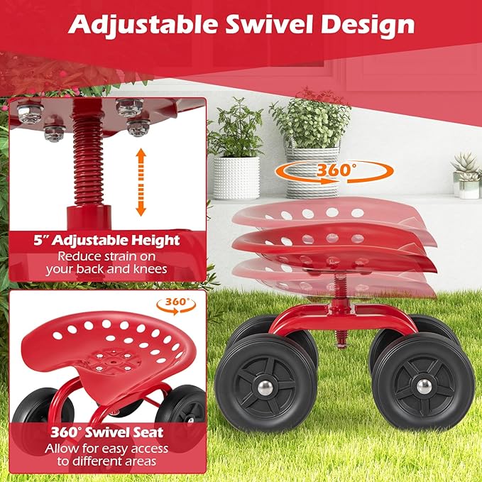 Garden Cart with Seat, Heavy-Duty Rolling Outdoor Wagon Scooter w/Height Adjustable & 360° Swivel Seat, Gardening Work Seat Stool, Patio Scooter on Wheels for Lawn Yard Planting(Red)