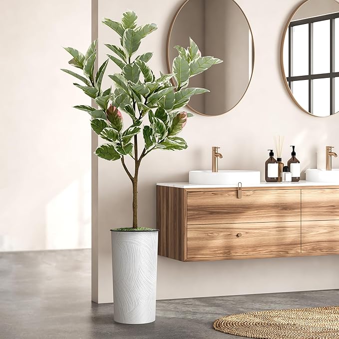 Artificial Tree in White Marble Effect Planter, Fake Rubber Silk Tree for Indoor and Outdoor Home Decoration - 70" Overall Tall (Plant Pot Plus Tree)
