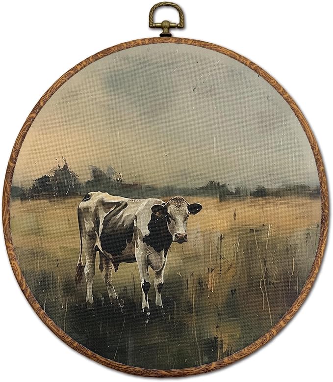 DEQSX Vintage Farmhouse Cow Round Wall Art, Rustic Country Cottagecore Landscape Farm Animals Wall Decor Canvas Prints Posters for Home Bedroom Living Room, 10x10 Inches