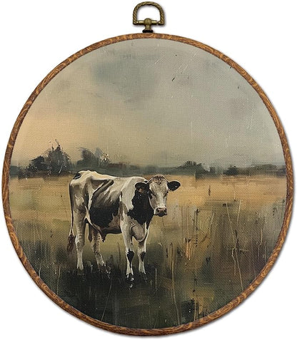 DEQSX Vintage Farmhouse Cow Round Wall Art, Rustic Country Cottagecore Landscape Farm Animals Wall Decor Canvas Prints Posters for Home Bedroom Living Room, 10x10 Inches